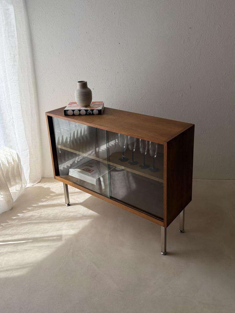 1960s Walnut Display Cabinet With Smoked Glass