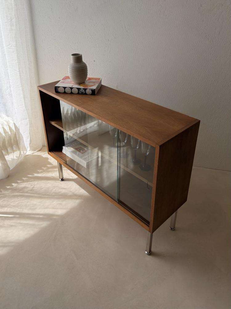 photo for sale 1960s Walnut Display Cabinet With Smoked Glass