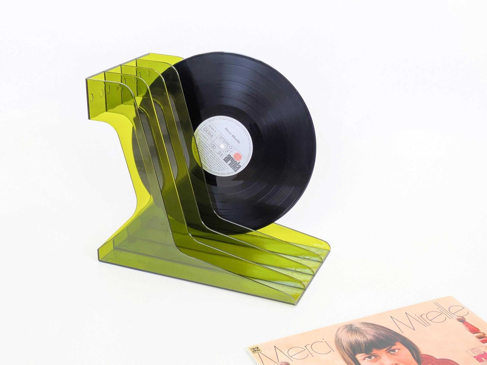 Vintage groene plexiglazen LP-platenrek – Space Age / Mid-Century – tafelmodel of wandmontage