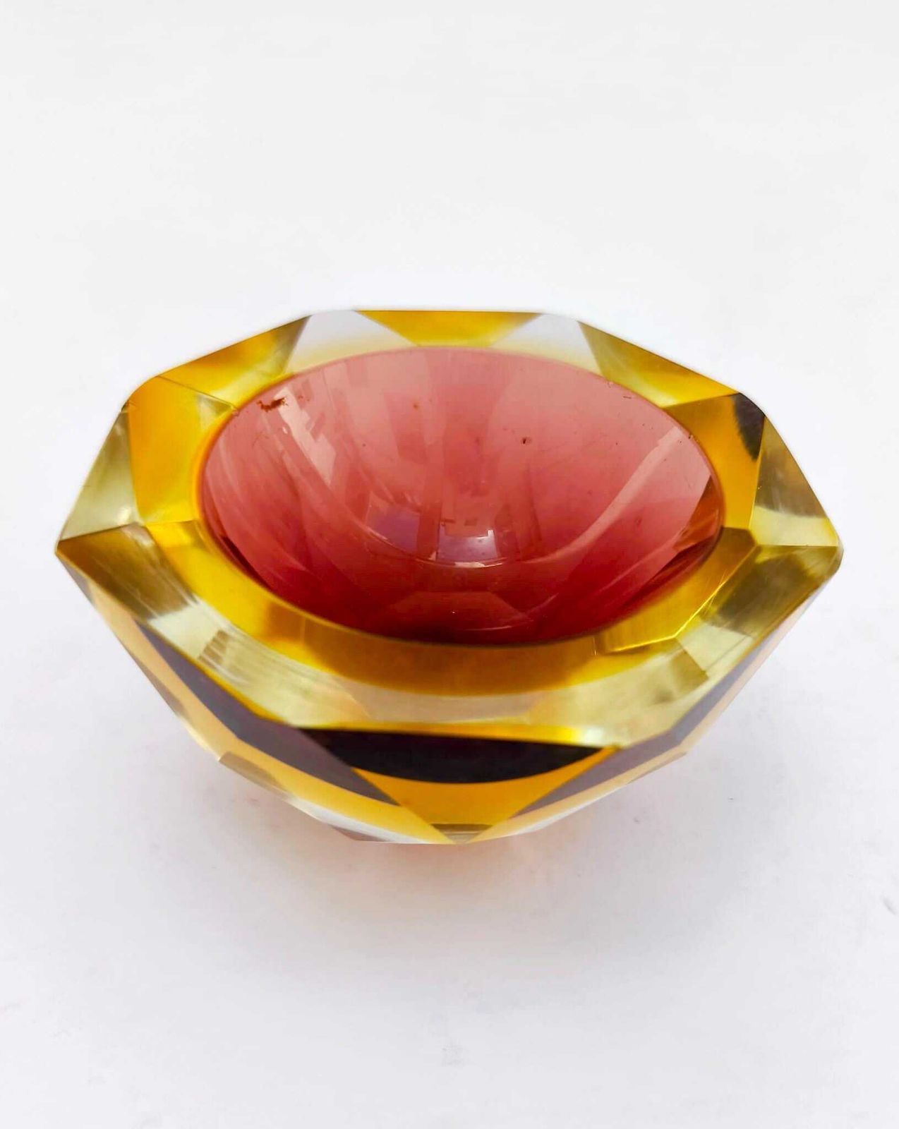 Vintage Murano Glass Bowl, Submerged, Designed By Poli Mandruzzato, Yellow And Burgundy, From The 1970s. photo furniture