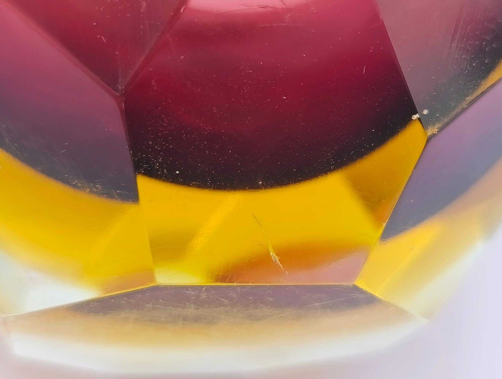 photo for sale Vintage Murano Glass Bowl, Submerged, Designed By Poli Mandruzzato, Yellow And Burgundy, From The 1970s.