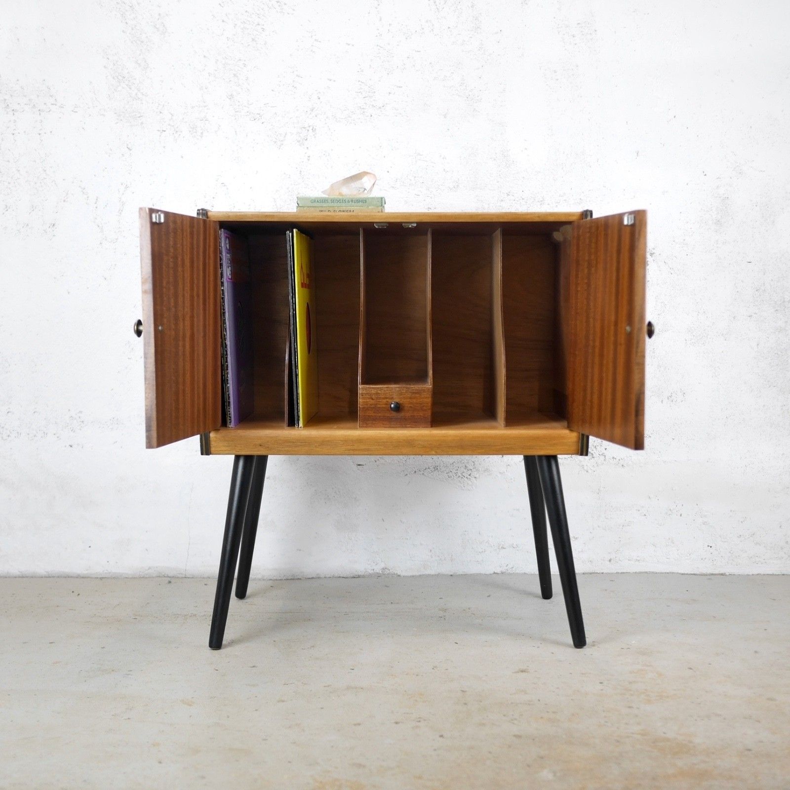 Vintage Mid Century Walnut Burr Teak Record Lp Cabinet 60's Dansette Legs#103215 photo furniture