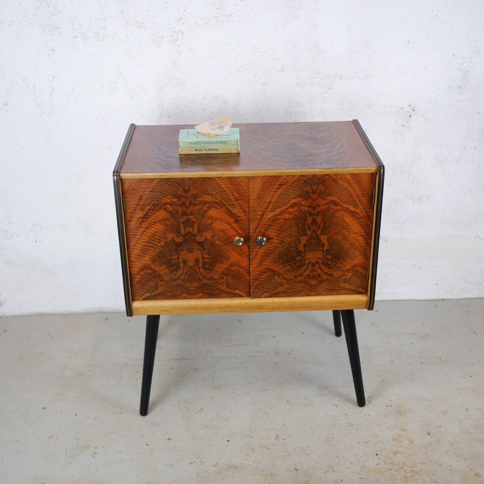Vintage Mid Century Walnut Burr Teak Record Lp Cabinet 60's Dansette Legs#103215 photo for sale