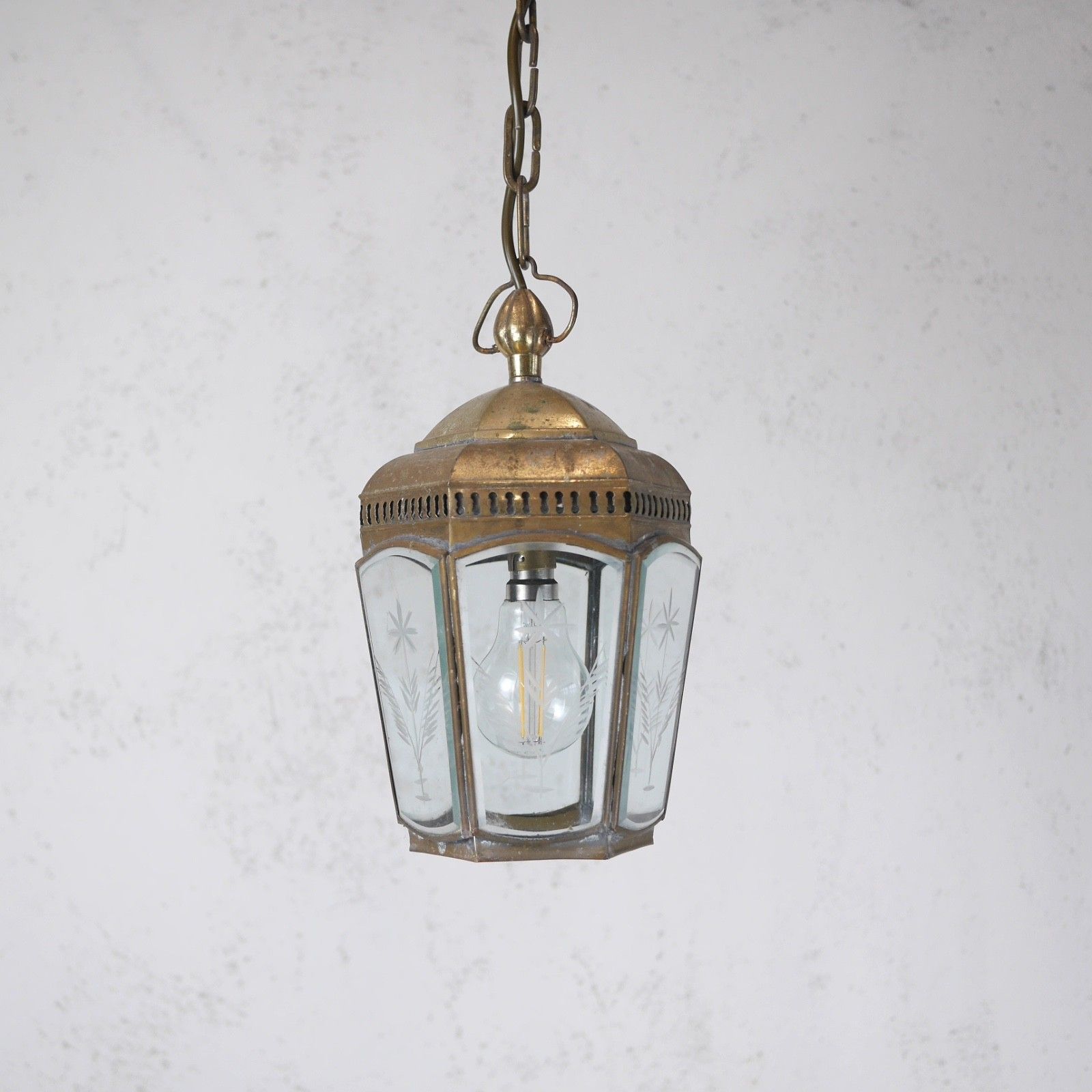 Vintage Brass Etched Glass Hall Light Lantern Pendent Hexagonal Antique #103185 photo for sale