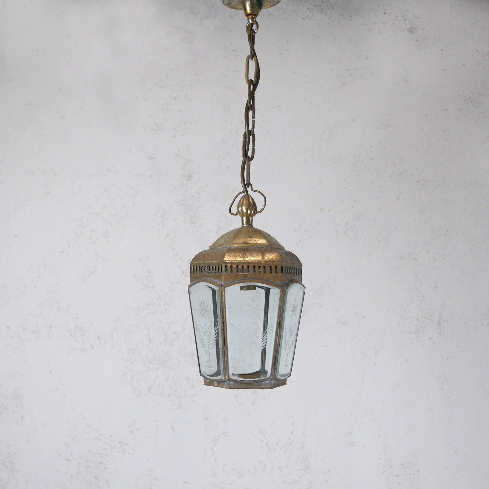 Vintage Brass Etched Glass Hall Light Lantern Pendent Hexagonal Antique #103185 photo 175.0