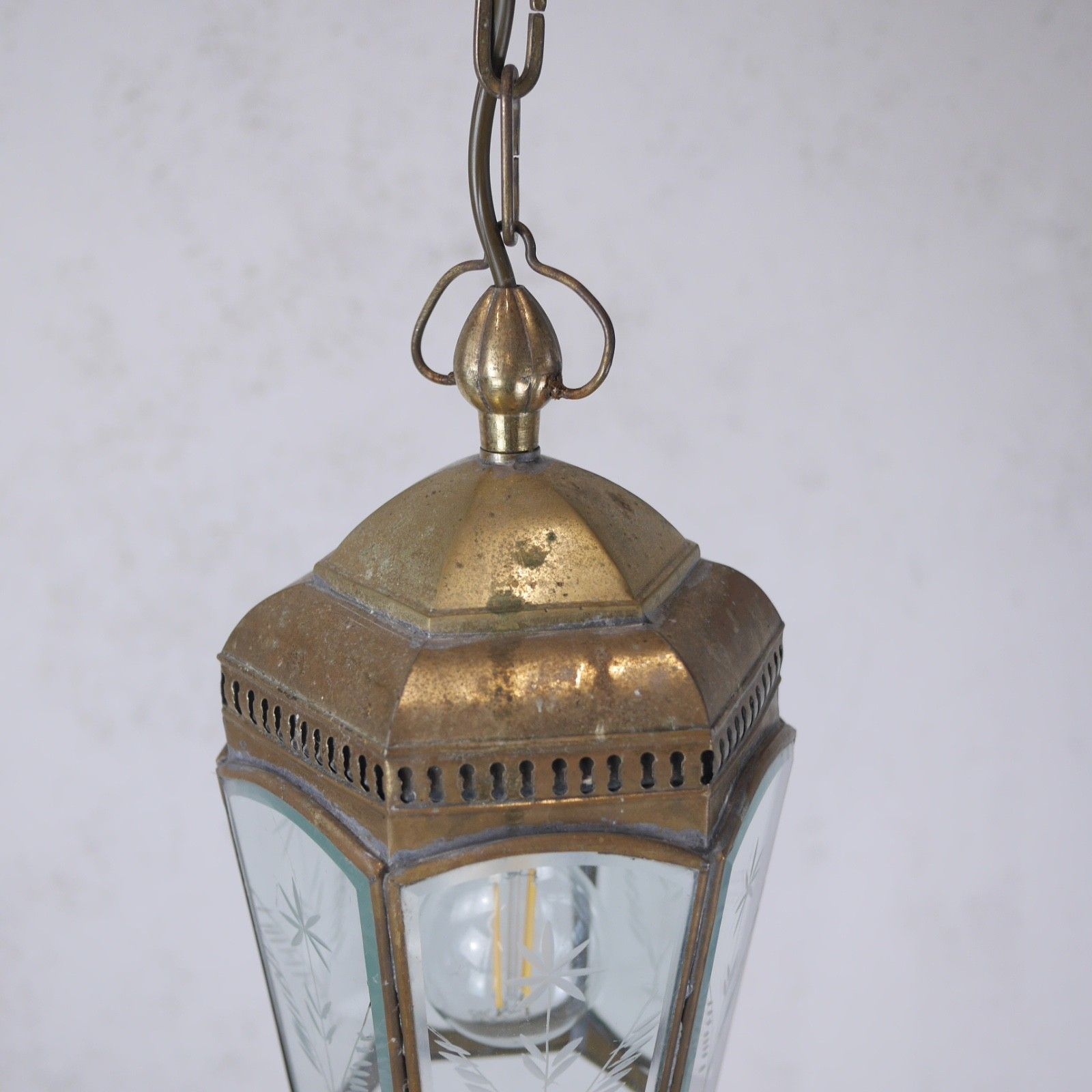 photo for sale Vintage Brass Etched Glass Hall Light Lantern Pendent Hexagonal Antique #103185