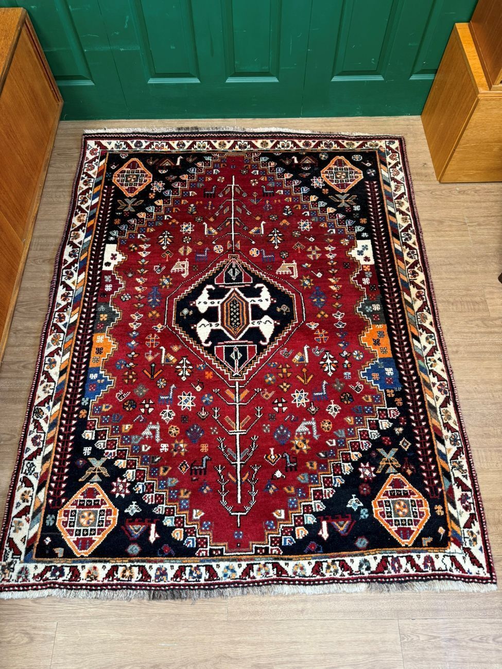Vintage Qashqai Geometric Hand Knotted Wool Rug Red Black Blue 175x140cm