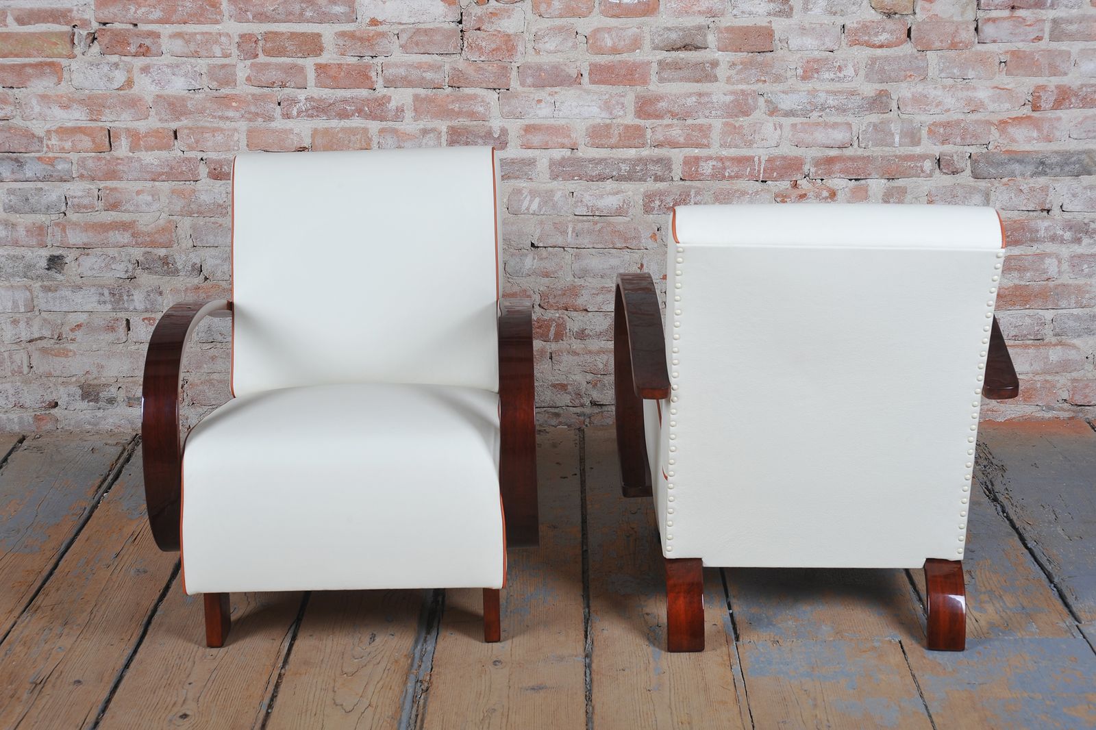 photo for sale Pair Of Restored Art Deco Armchairs, Walnut, Leather, Repolished, Czech, 1930s