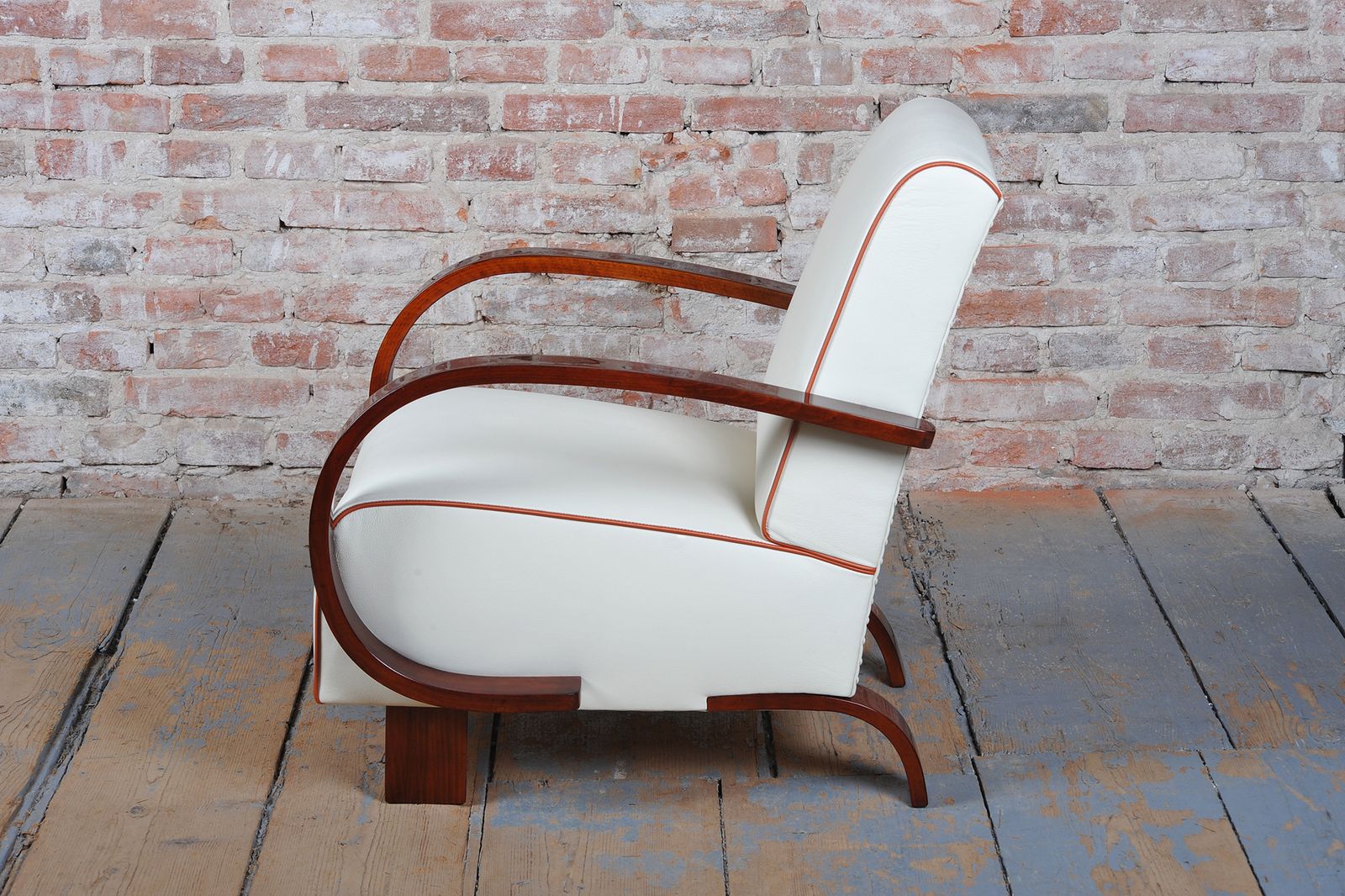 Restored Art Deco Armchair, Walnut, Leather, Revived Polish, Czech, 1930s photo vintage