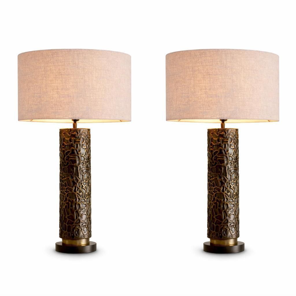 photo furniture Pair Of Table Lamp In Bronze Highlight Finish With Linen Mix Shade