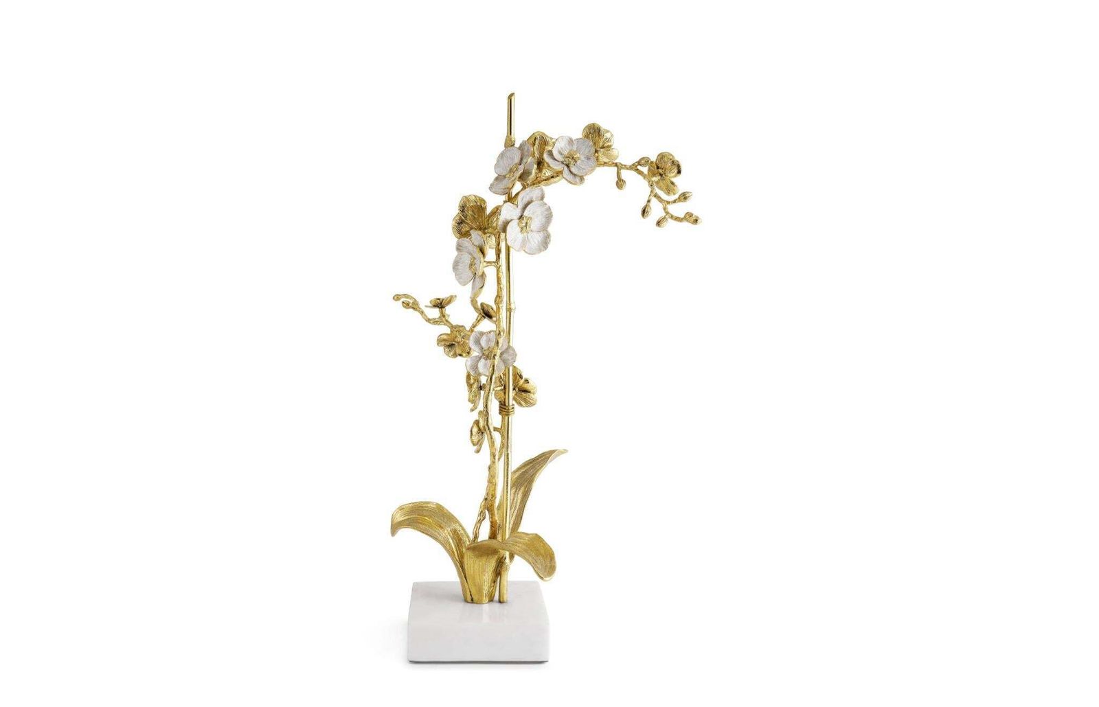 Set Of 3 Small Orchid Sculptures Brass White Enamel, Marble Base photo furniture