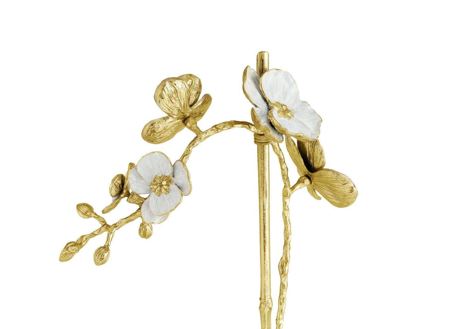 Set Of 3 Small Orchid Sculptures Brass White Enamel, Marble Base photo vinterior