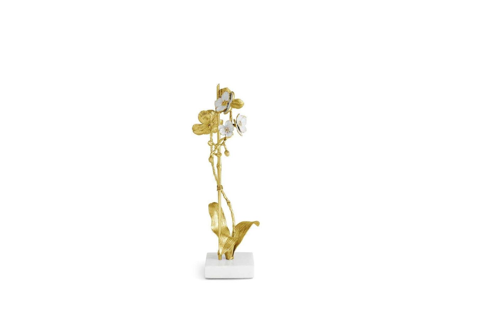 Set Of 3 Small Orchid Sculptures Brass White Enamel, Marble Base photo buy