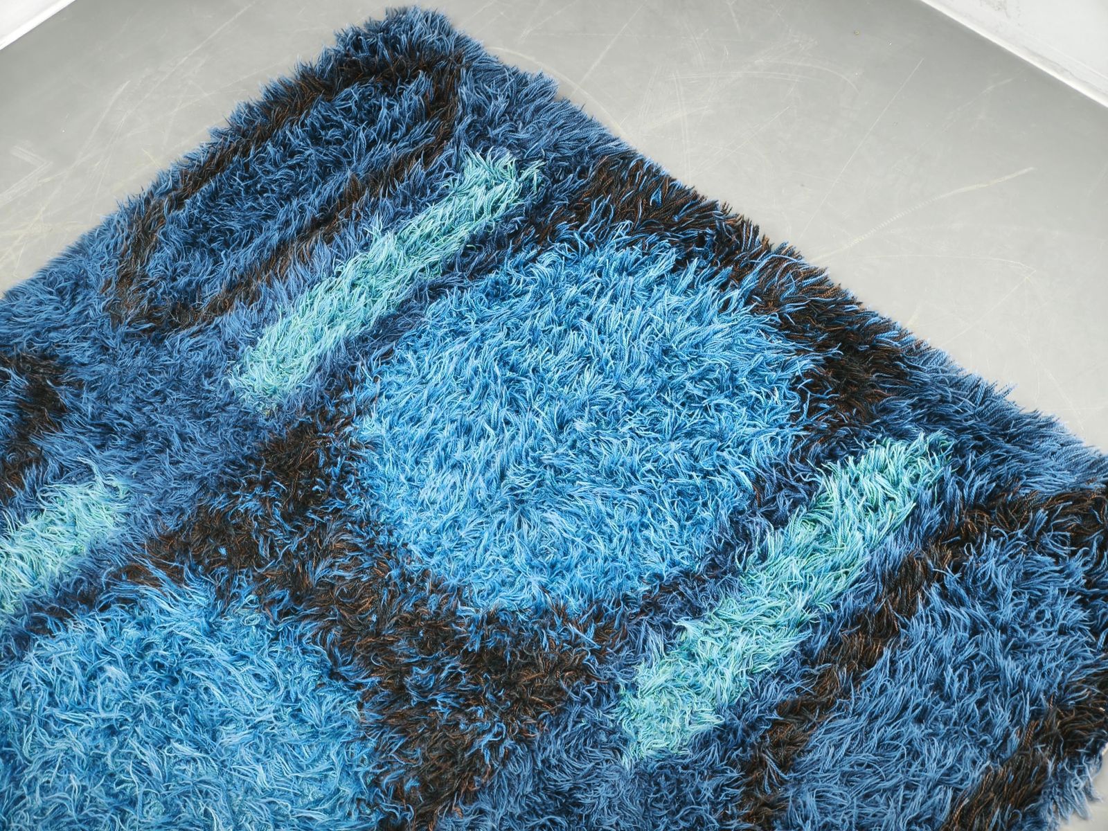 Large Danish Abstract Blue Wool Rya Rug In Ege Style photo 902.0