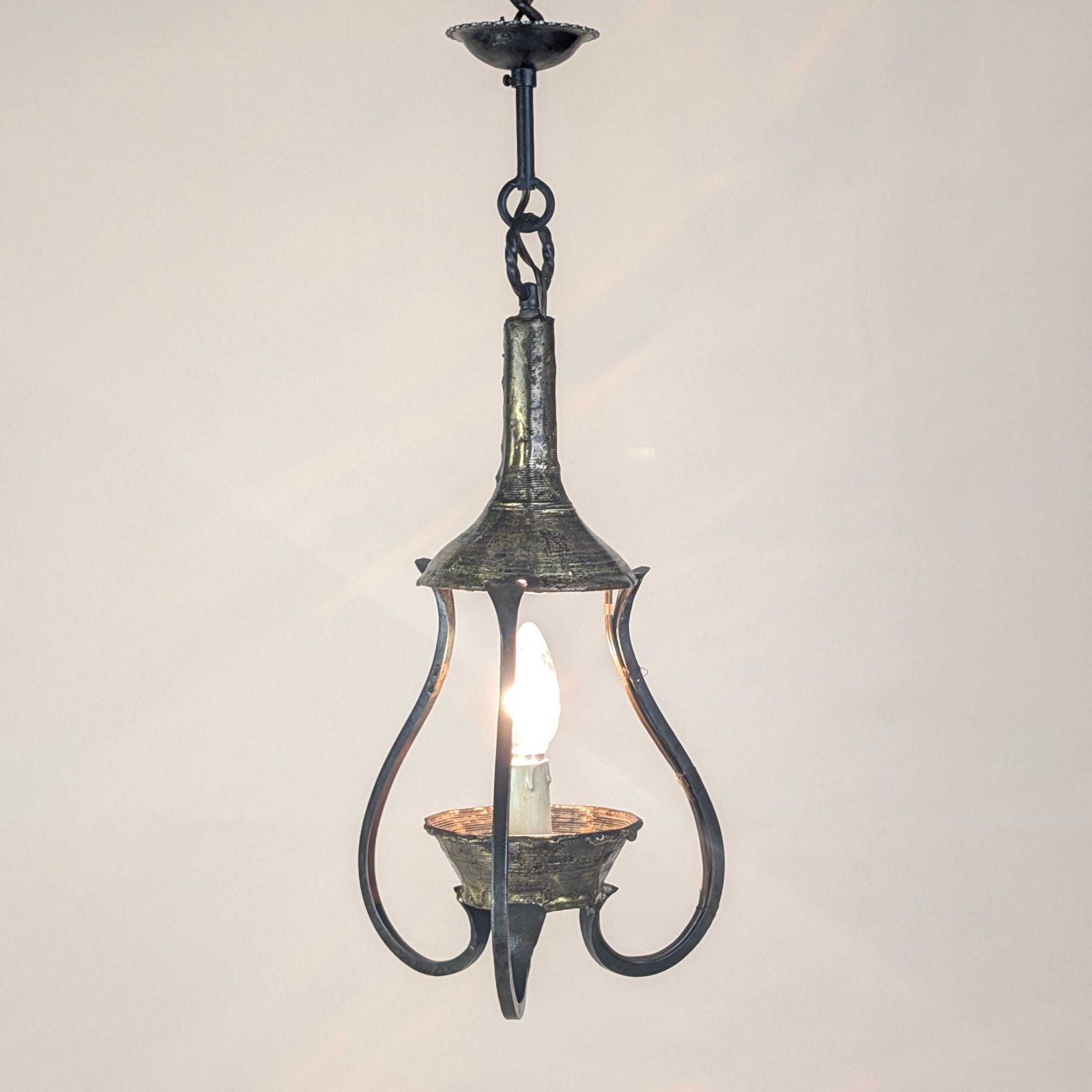 Brutalist Max Bre Iron Pendant Light Drop, Signed 1970s Vintage Cast Metal Modernist Fixture photo Lighting