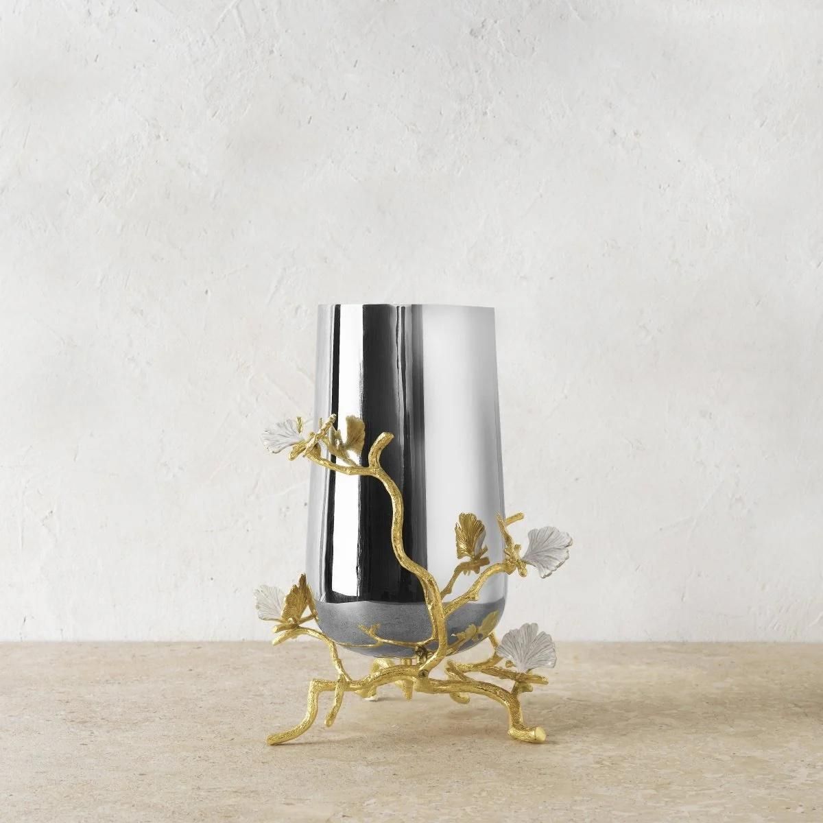 Pair Of Medium Contemporary Silver And Gold Metal Ginkgo Vase photo for sale