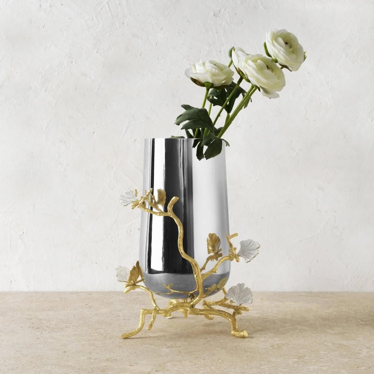 Pair Of Medium Contemporary Silver And Gold Metal Ginkgo Vase photo vinterior