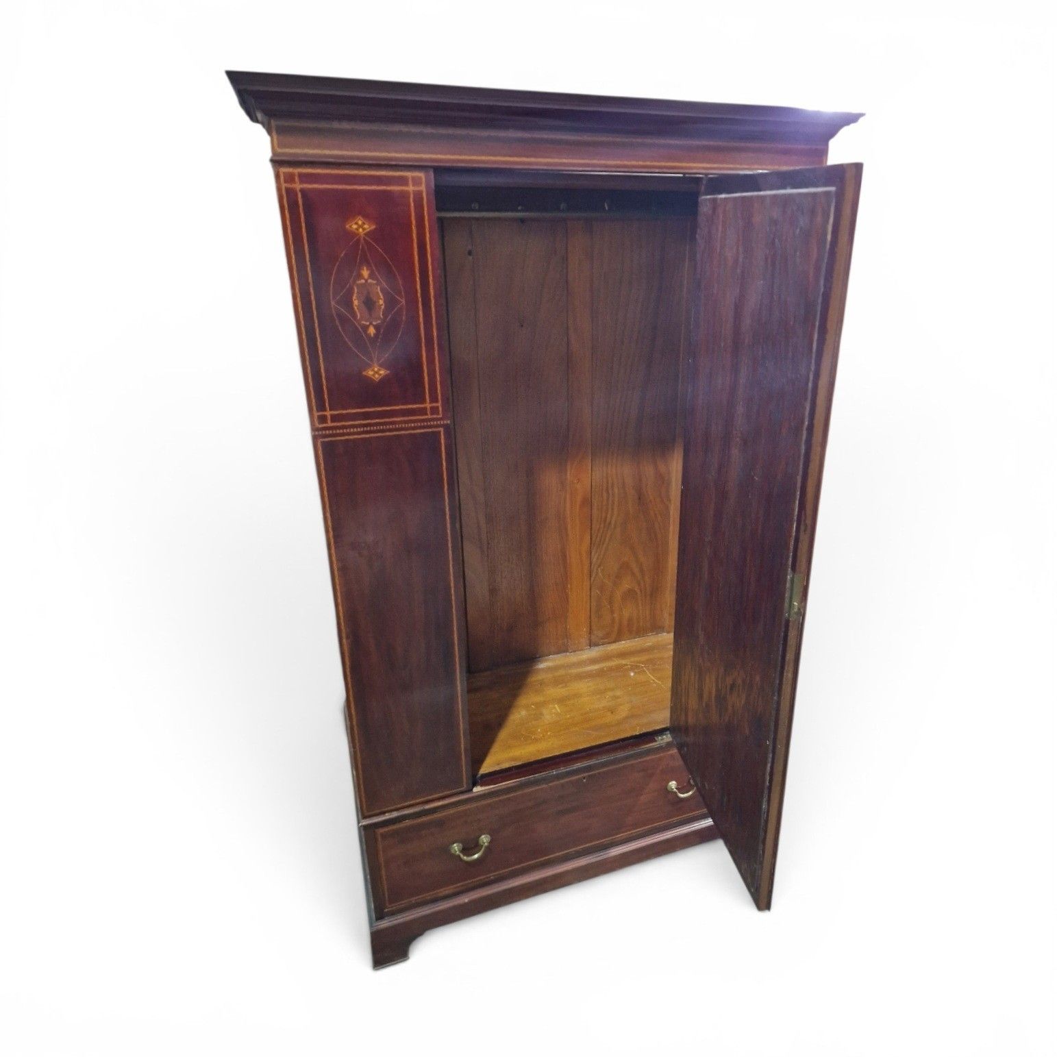 Antique Edwardian Inlaid Mahogany Wardrobe Mirrored Door Armoire With Drawer photo 395.0