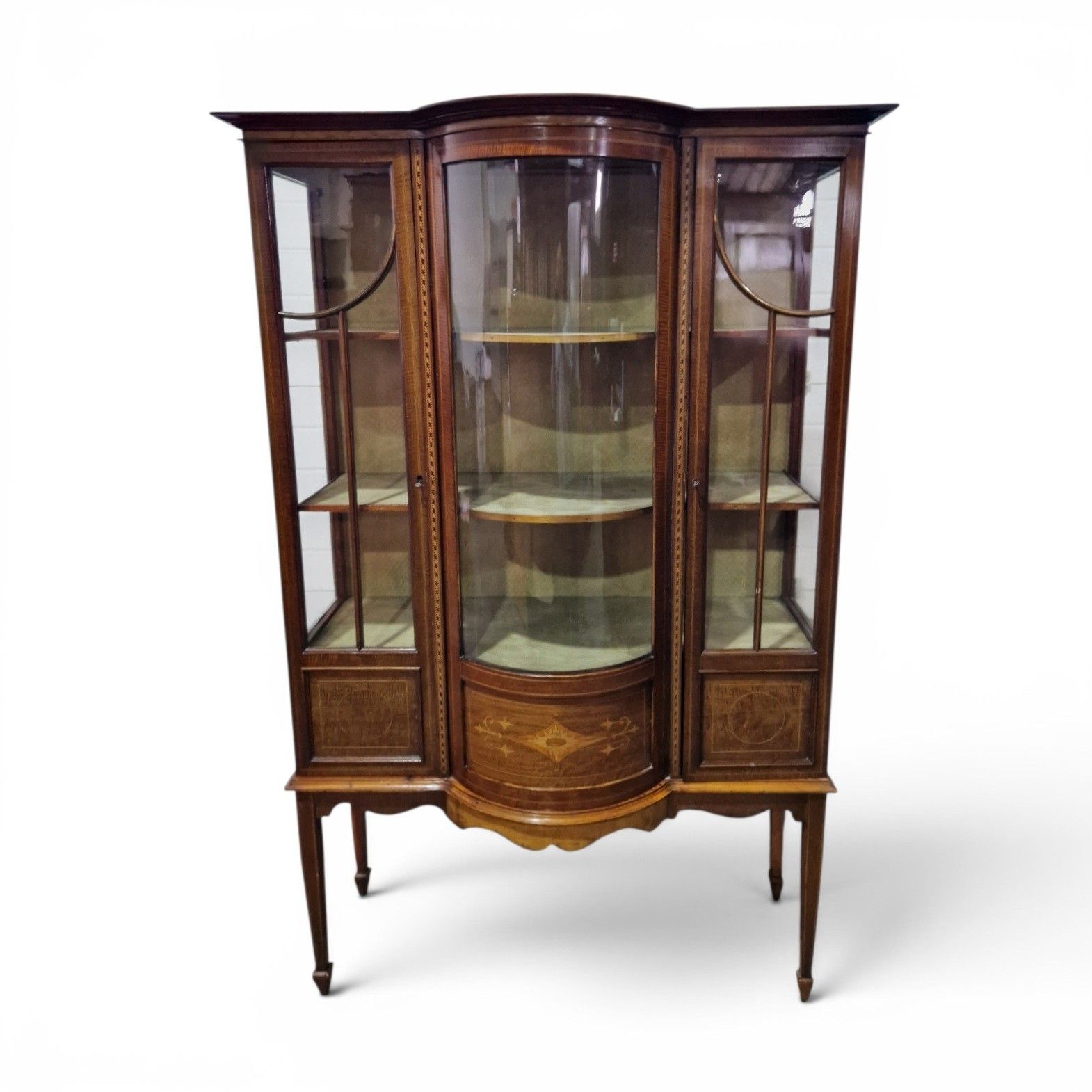 Antique Edwardian Inlaid Mahogany Display Cabinet Bow Front Glazed With Key