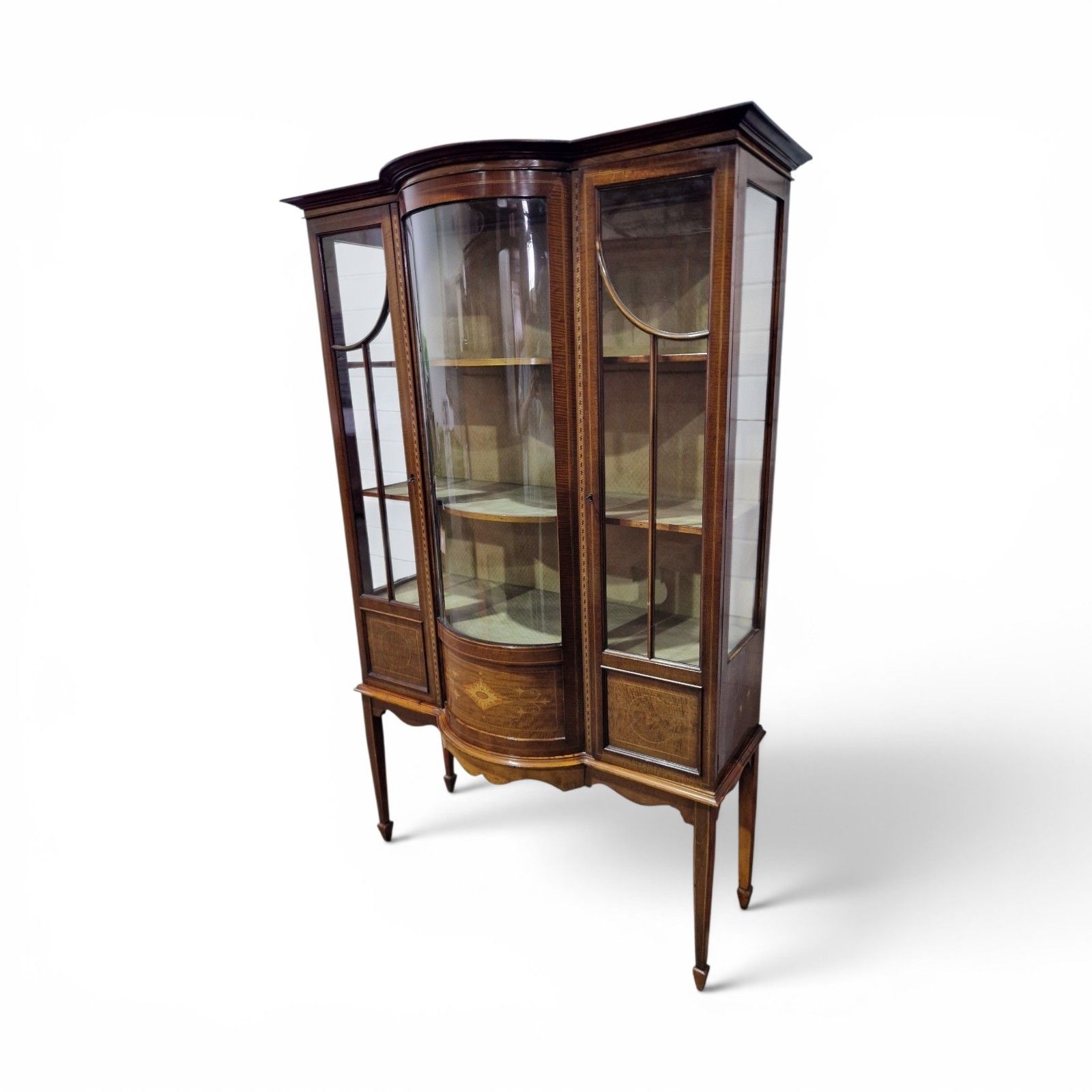 Antique Edwardian Inlaid Mahogany Display Cabinet Bow Front Glazed With Key photo for sale