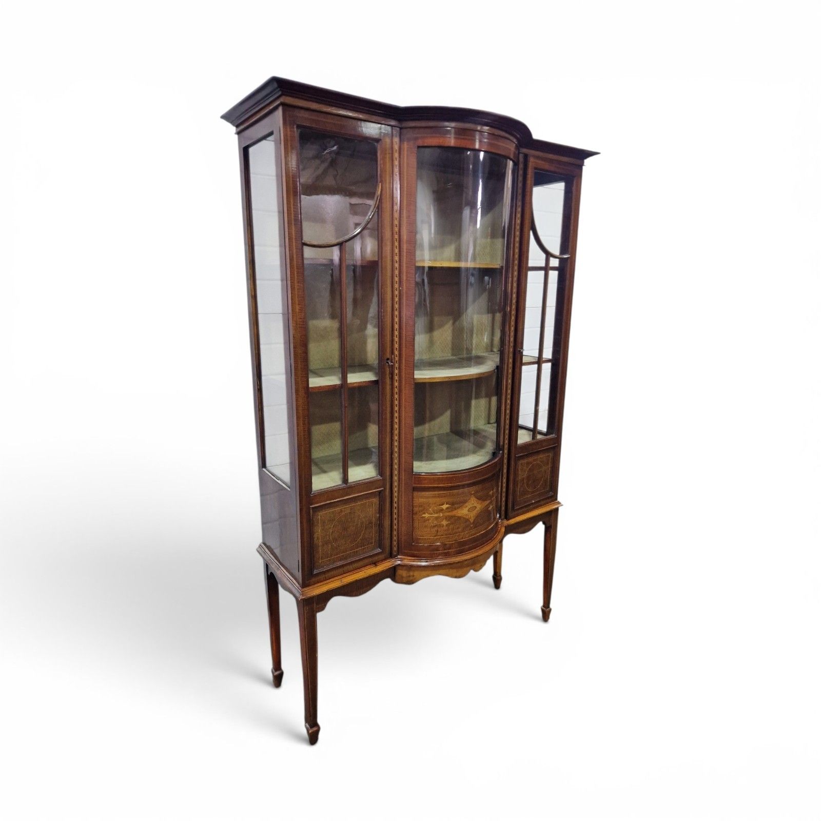 Antique Edwardian Inlaid Mahogany Display Cabinet Bow Front Glazed With Key photo vinterior