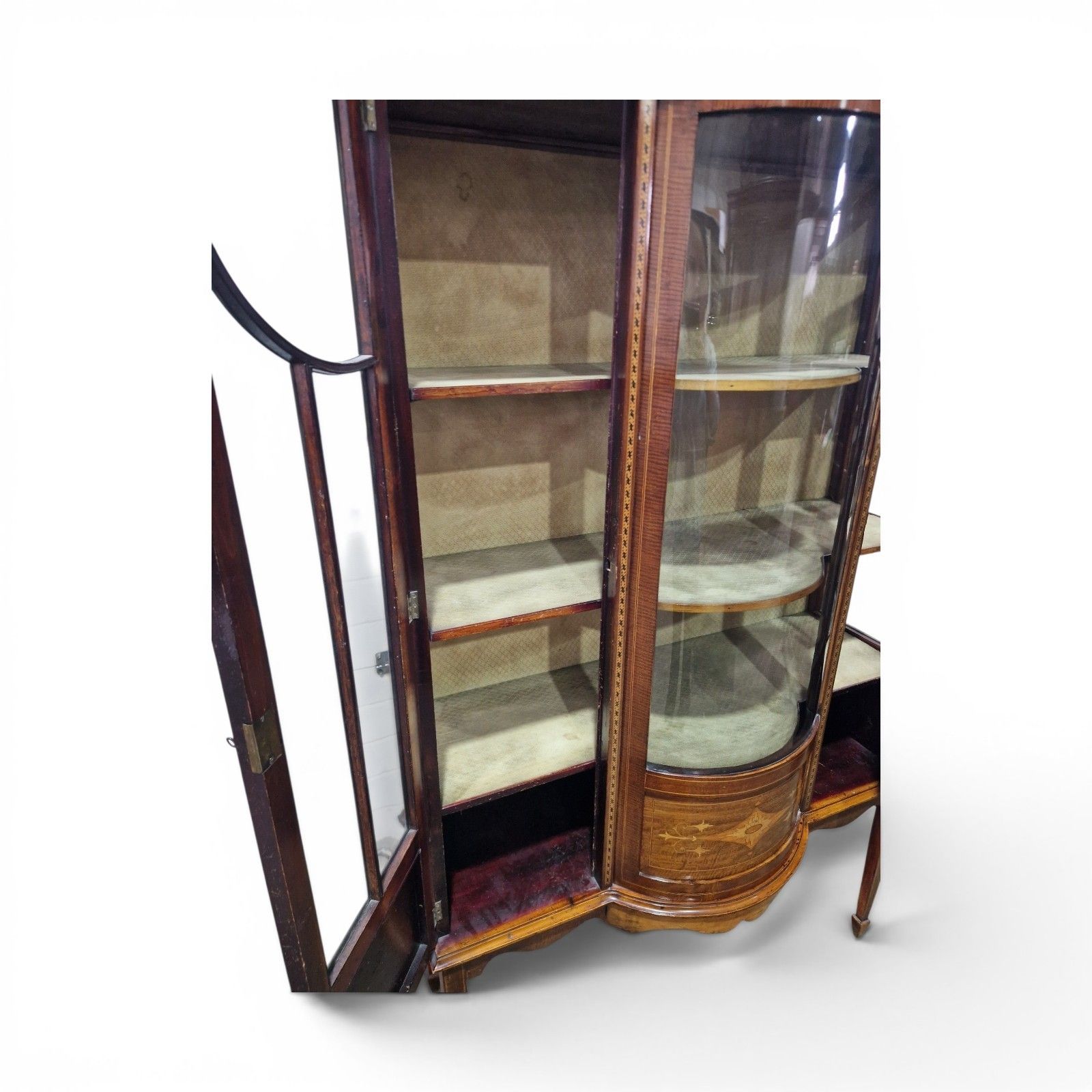 photo for sale Antique Edwardian Inlaid Mahogany Display Cabinet Bow Front Glazed With Key