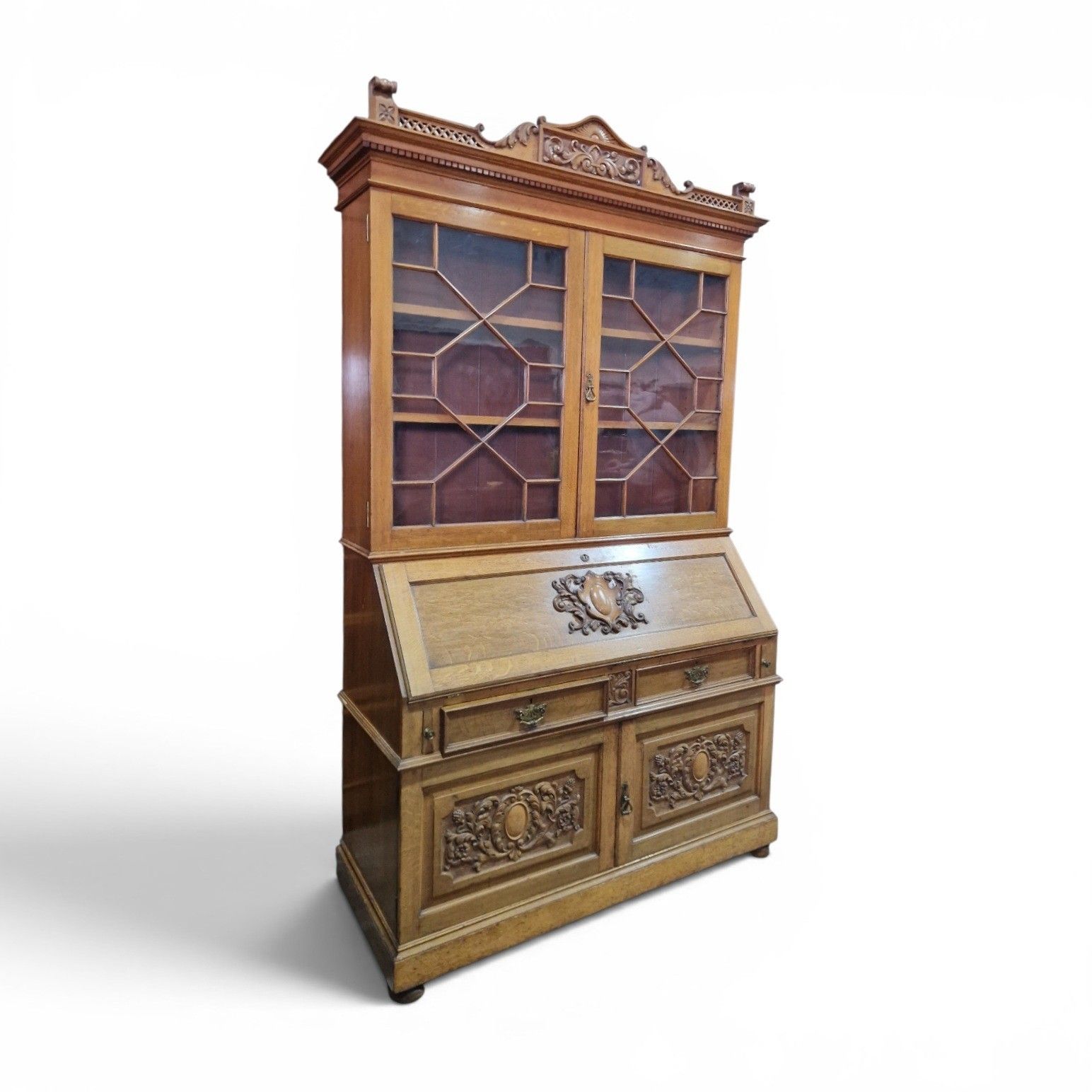 Large Oak Bureau Bookcase Display Cabinet Astragal Glazed Robson Newcastle photo for sale