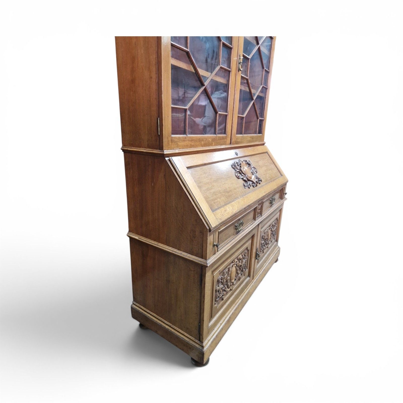 Large Oak Bureau Bookcase Display Cabinet Astragal Glazed Robson Newcastle photo vintage