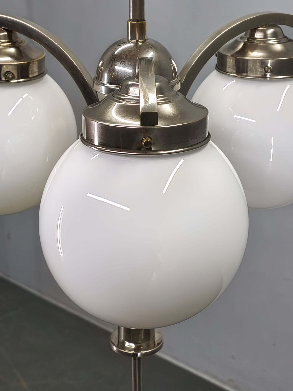 1930s Art Deco Nickel Chandelier With Opaline Glass Globes photo 1195.0