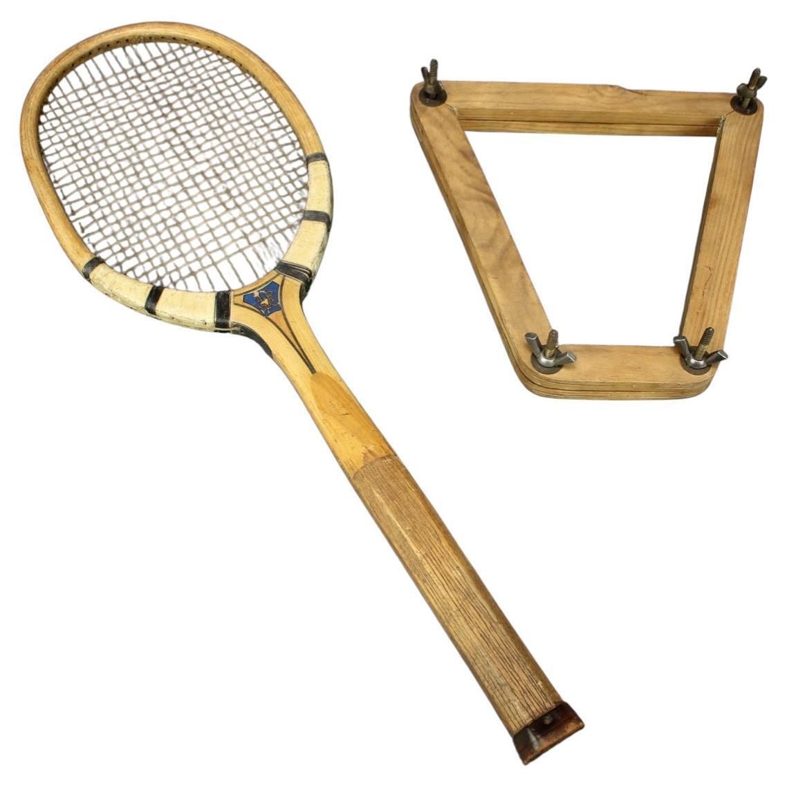 French Prieur Paris Tennis Racket With Original Wooden Press, Circa 1930s–1950s