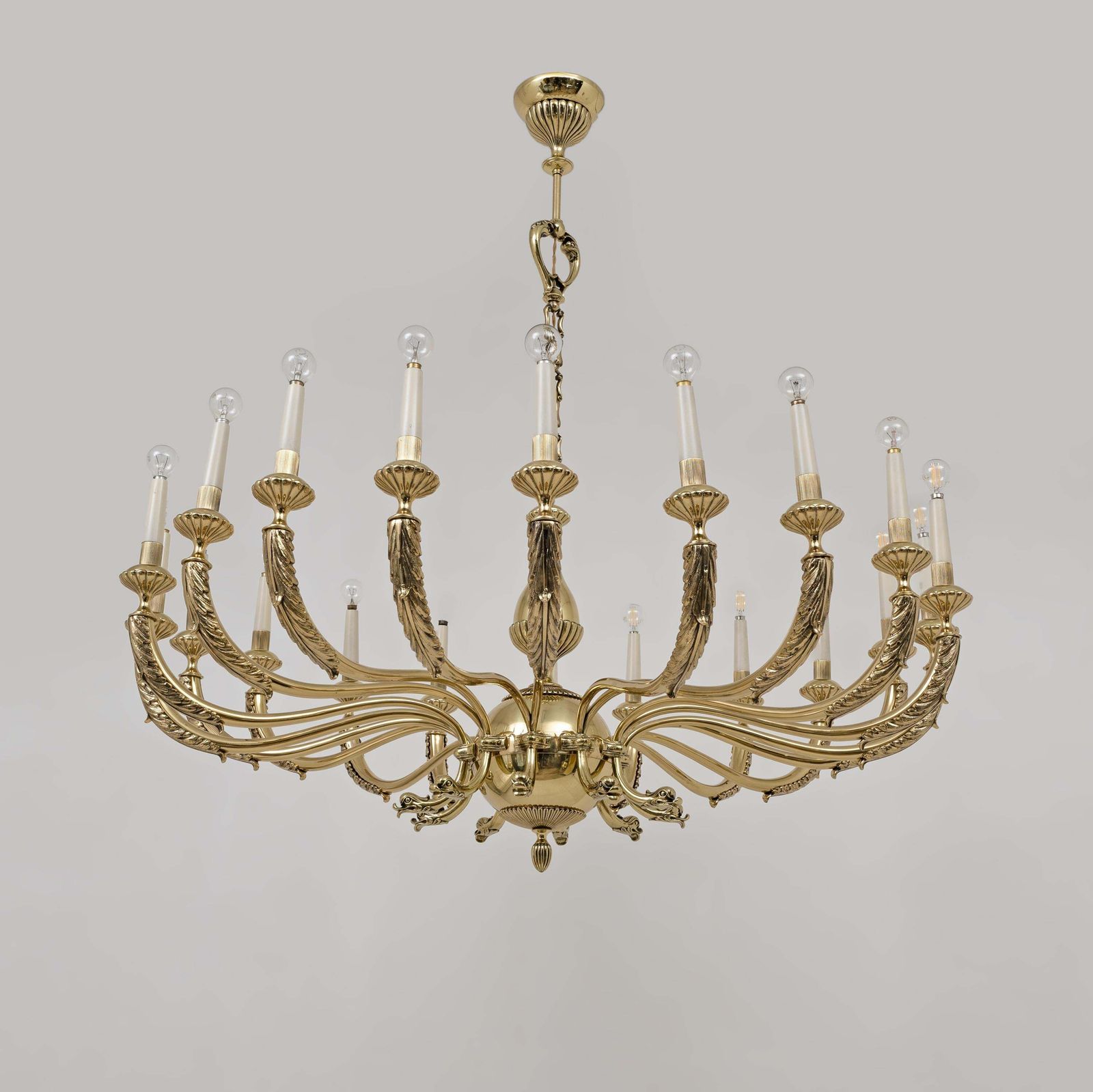 Italian Neoclassical Style 20 Light Brass Chandelier, 1950s photo for sale