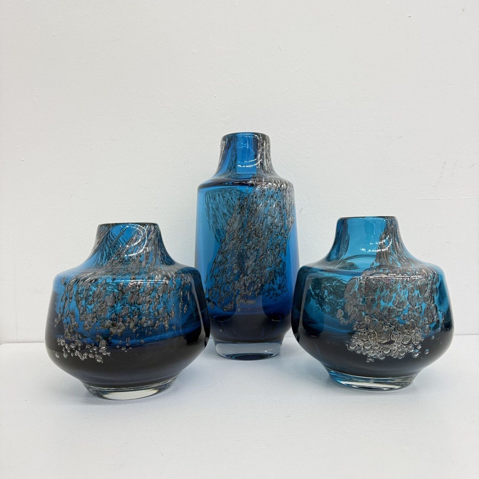 Set van 6 Schott Wiesel glazen vazen Bavarian Glass Art 'Florida' door Heinrich Löffelhardt, blauwe bubbels, jaren 1970, Duitsland photo buy