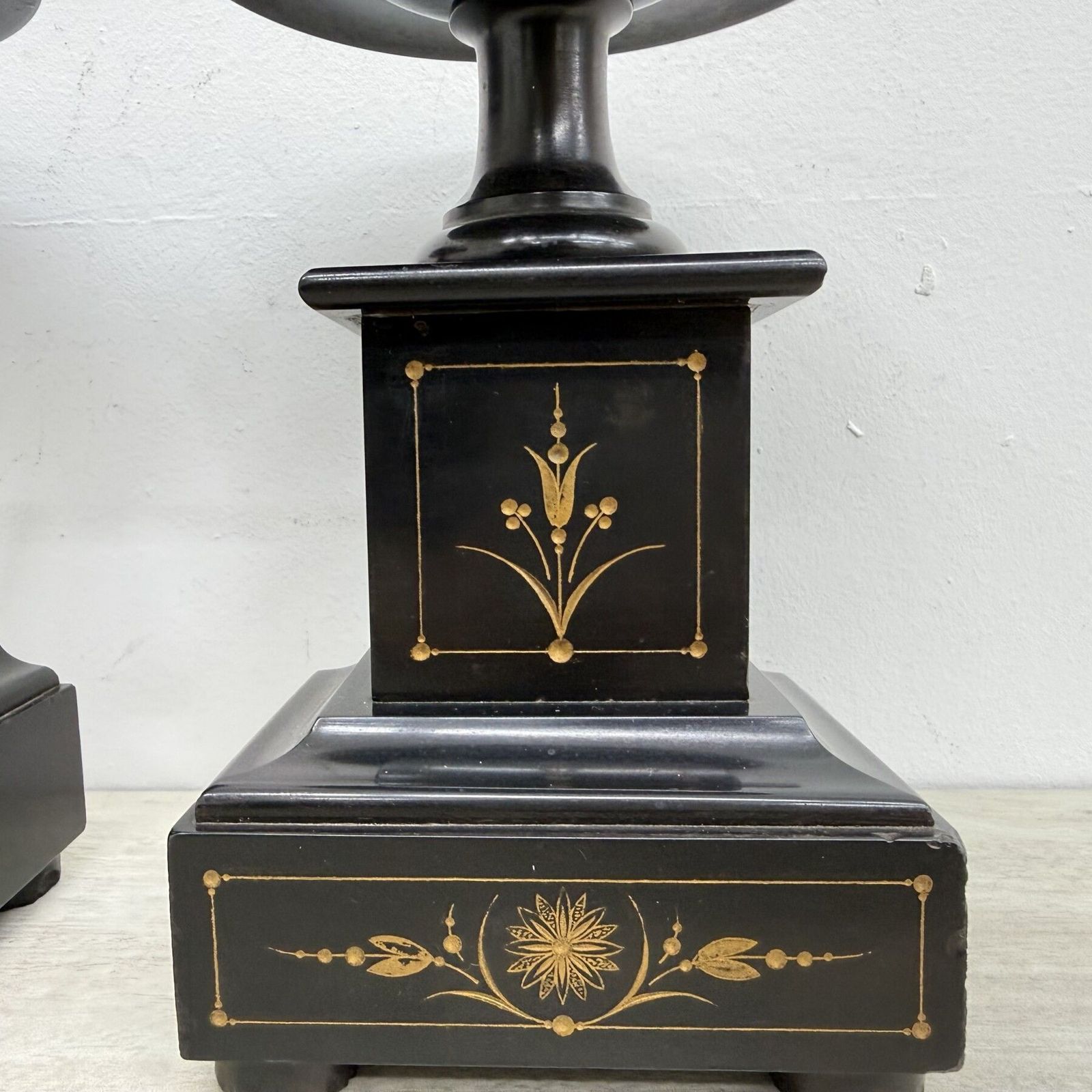 photo furniture Antique French Black Marble Cassoulets Gilt Decor Pedestals Neoclassical Pair , 1900s