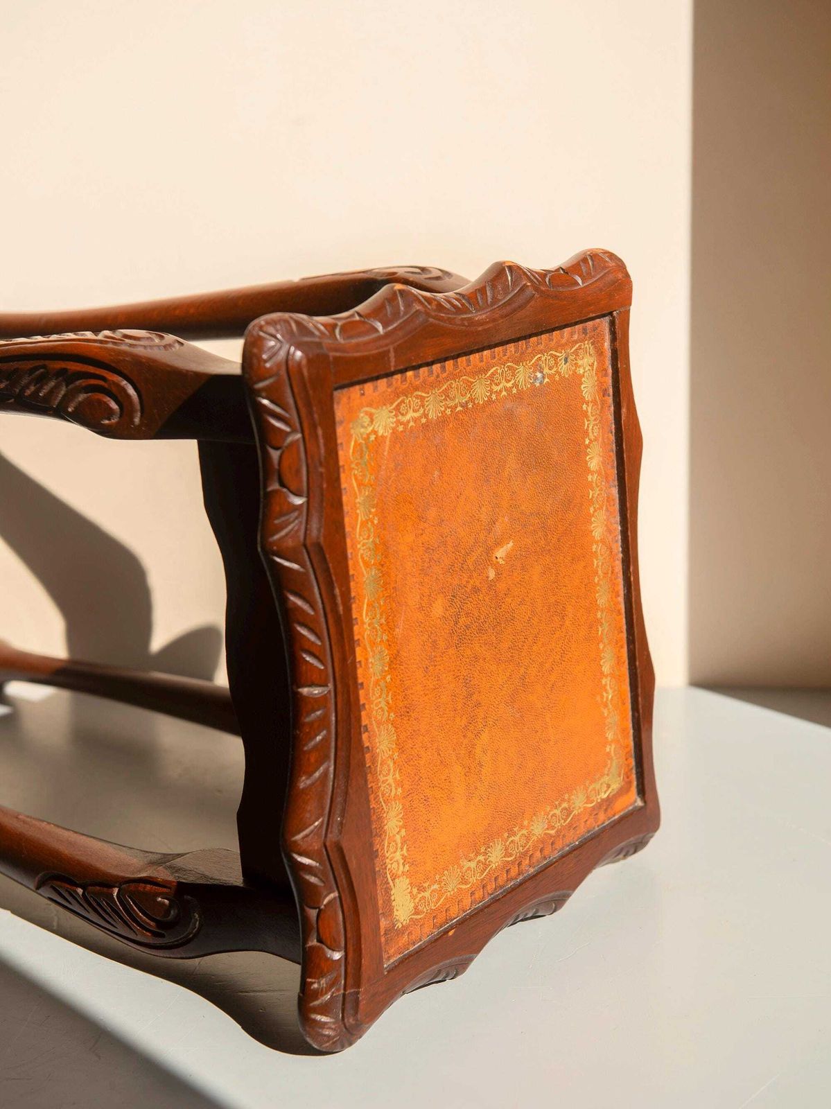 Antique Oak Side Table   Leather Top   Edwardian Lamp Stand   Carved Oak Accent Furniture photo Furniture