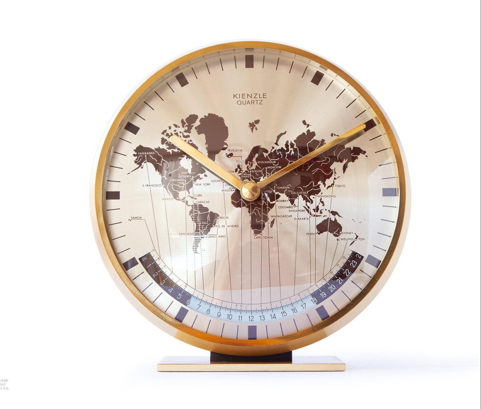 Kienzle World Time Clock Germany Desk Table Mid Century Bauhaus Brass Modern Mantel Mcm Heinrich Moller Office