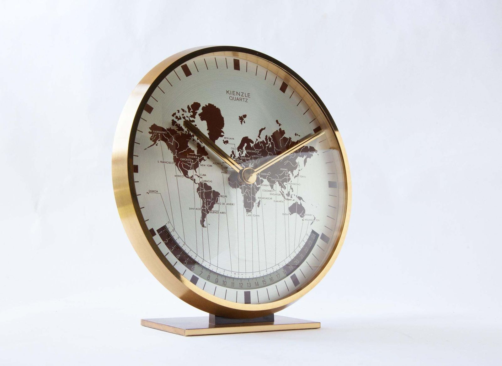 Kienzle World Time Clock Germany Desk Table Mid Century Bauhaus Brass Modern Mantel Mcm Heinrich Moller Office photo furniture
