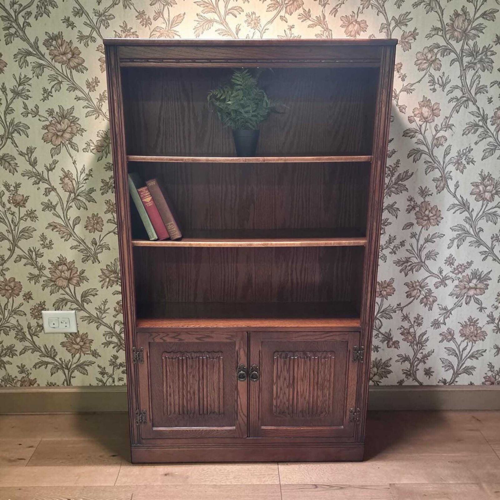 Vintage Old Charm Wood Bros / Open Oak Bookcase / Cupboard Base / C1970