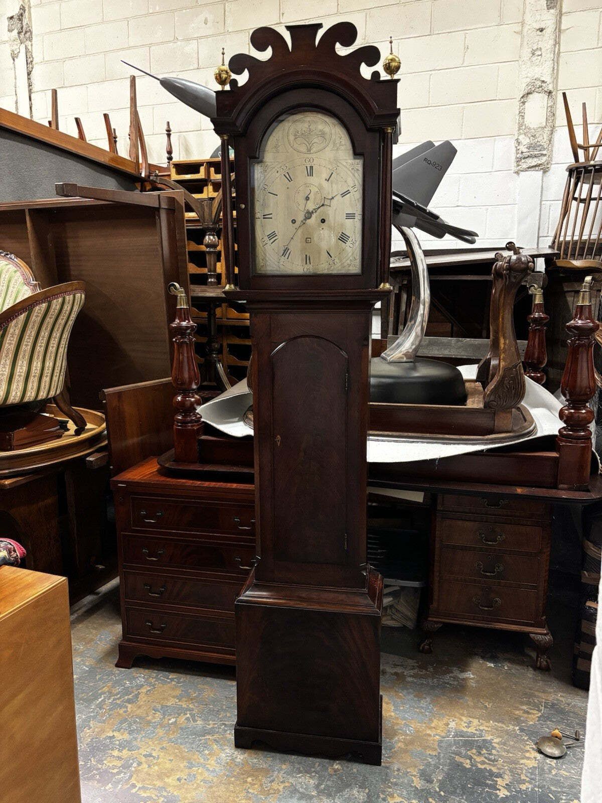 photo for sale Georgian Mahogany Longcase Clock, Silvered Dial. 8 Day