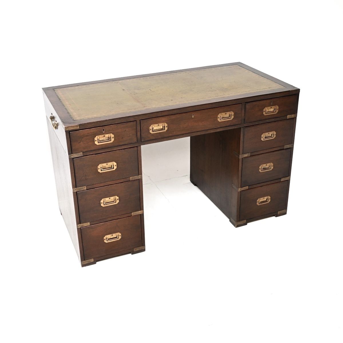 Antique Mahogany Leather Top Military Campaign Pedestal Desk