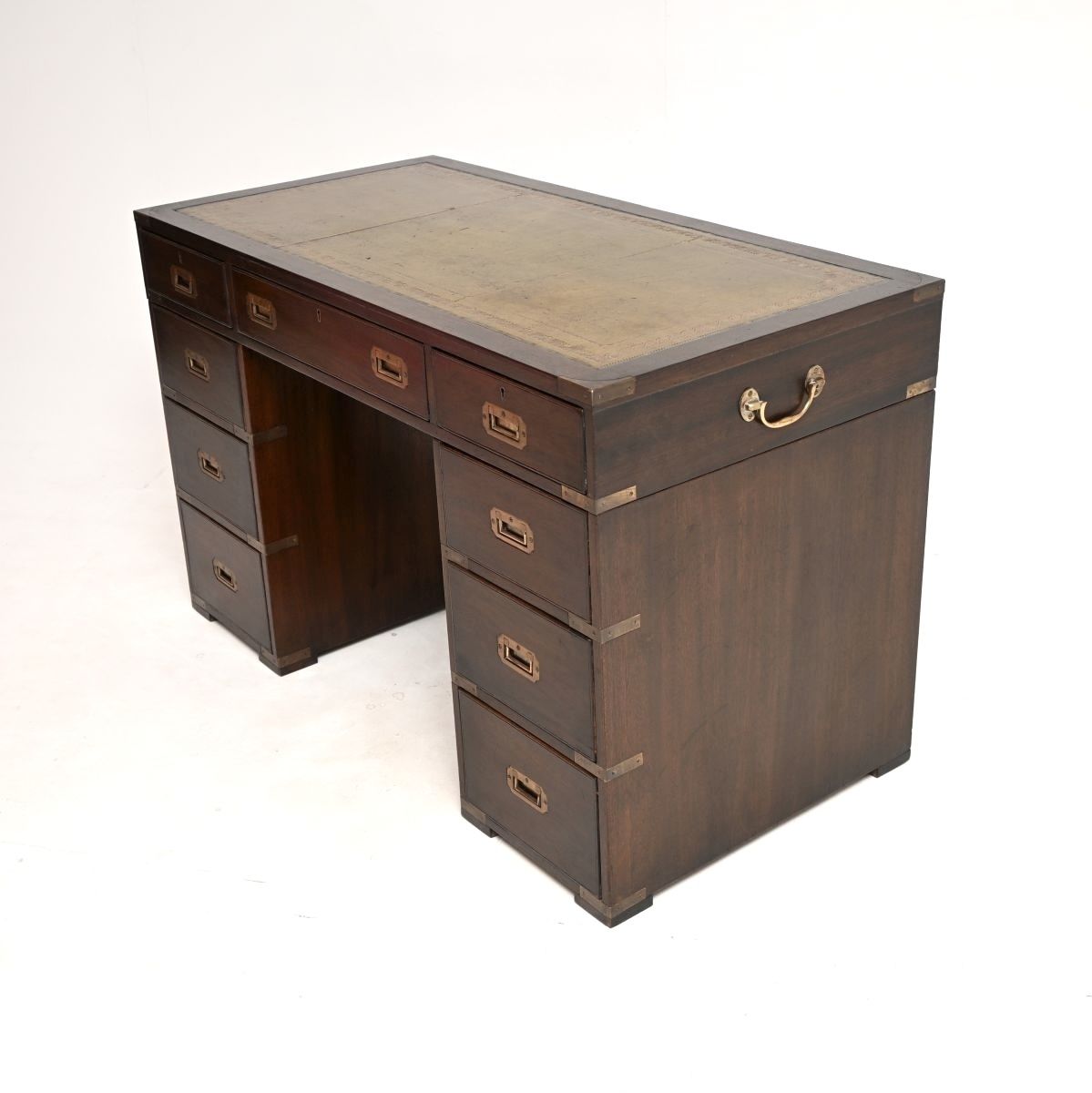 Antique Mahogany Leather Top Military Campaign Pedestal Desk photo vintage