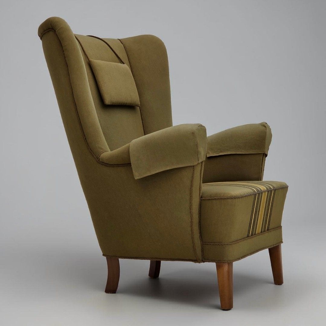 Ca. Jaren 1960, Deense Fauteuil Met Hoge Rugleuning, Groen Meubelwol.