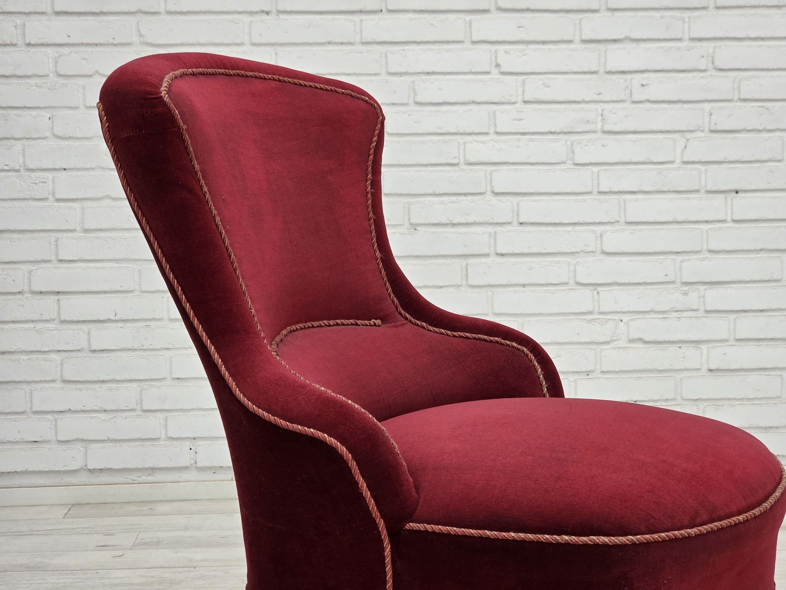1950s, Danish Cocktail Lounge Chair, Cherry Red Furniture Velour. photo Furniture