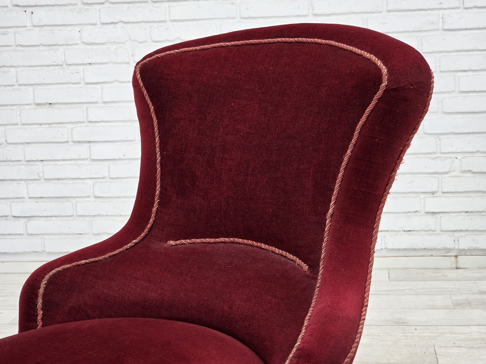photo buy 1950s, Danish Cocktail Lounge Chair, Cherry Red Furniture Velour.