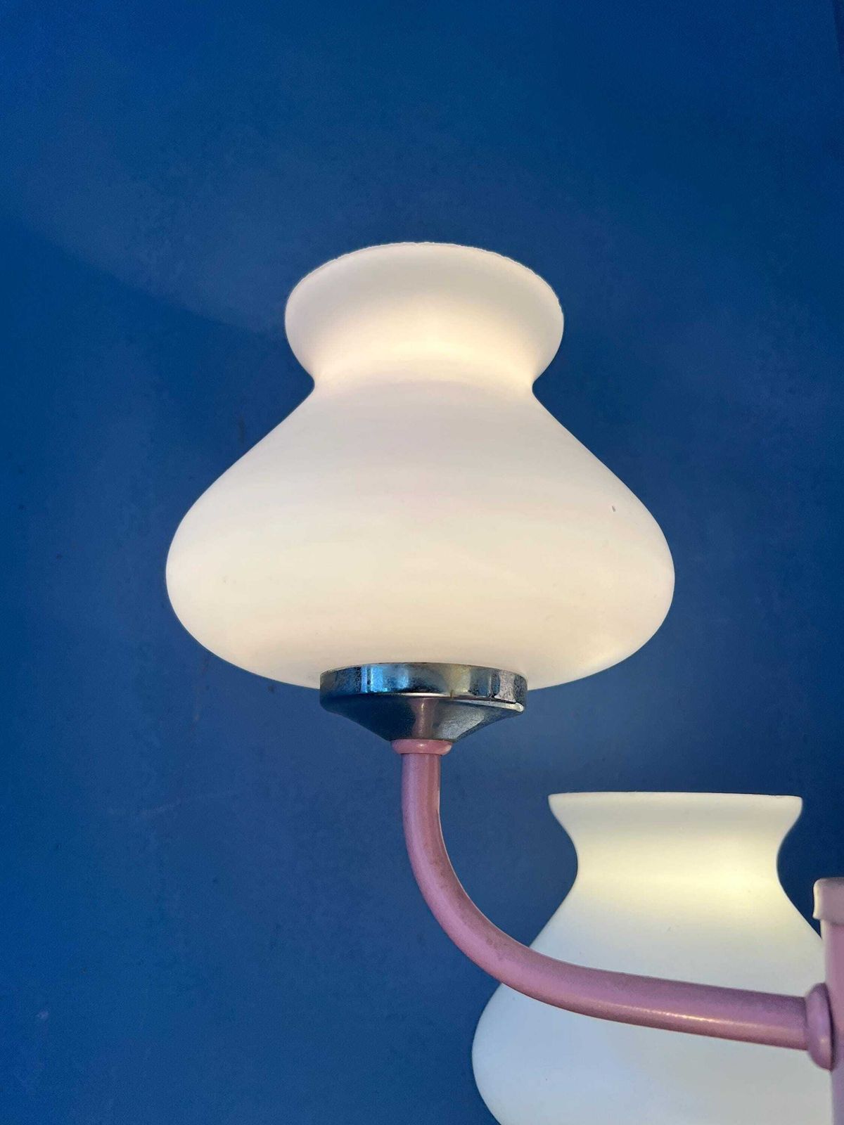 Mid Century White Opaline Glass Chandelier With Pink Frame photo vintage