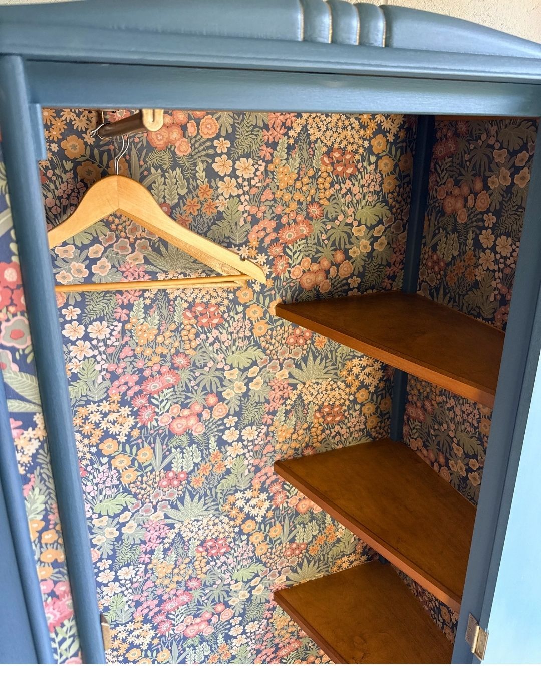 Unique Vintage Mid Century Lebus Wardrobe | Hand Painted In Homestead Blue With Floral Interior photo Furniture