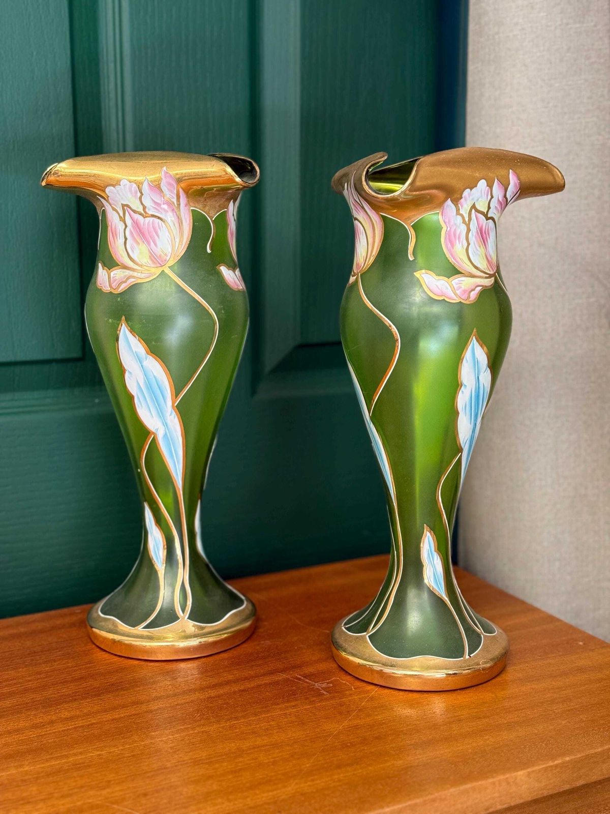 Pair Of Antique Art Deco Mont Joye Tulip Vases Green Gold