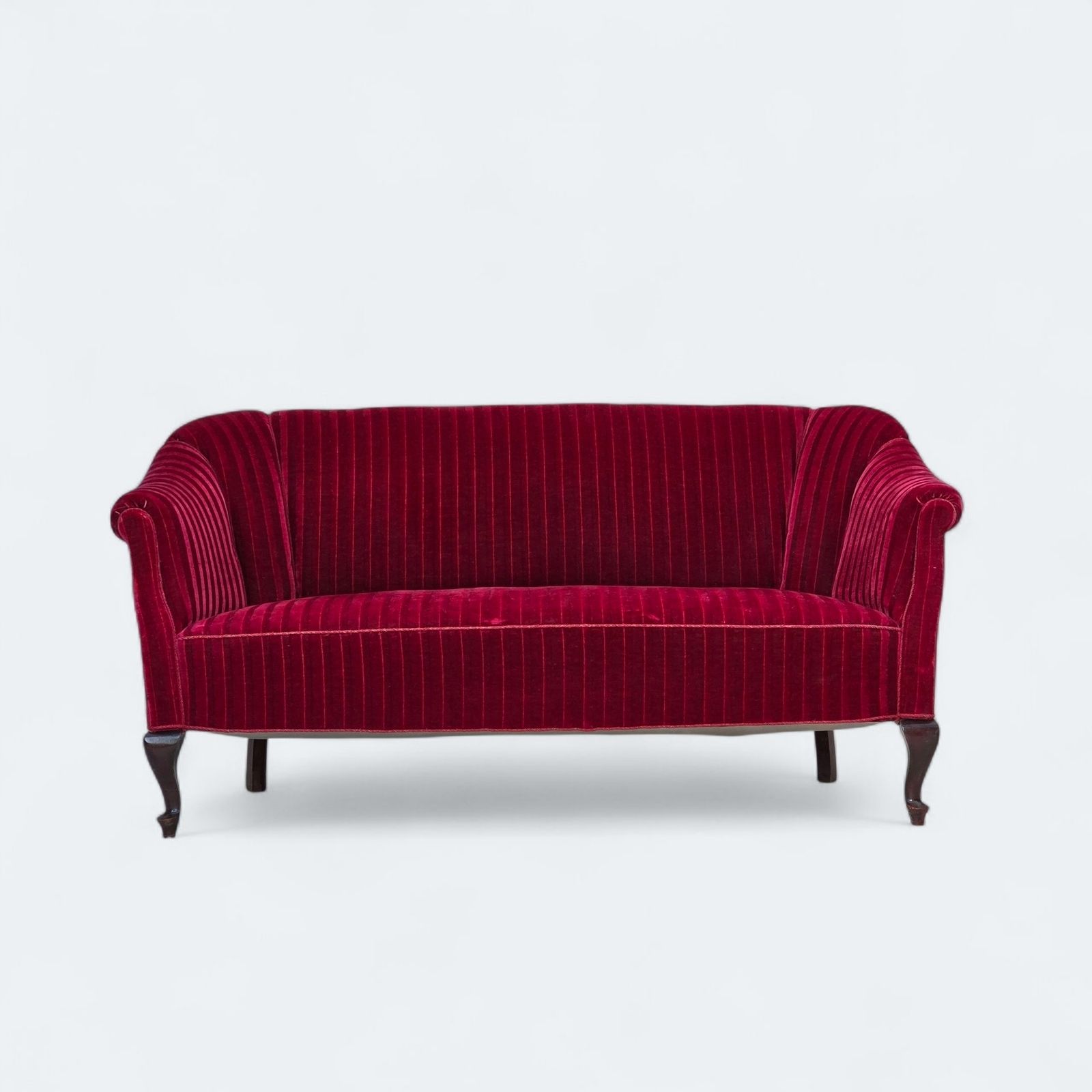 1950s, Danish 2 Seater Sofa, Red Furniture Velour, Ash Wood Legs.