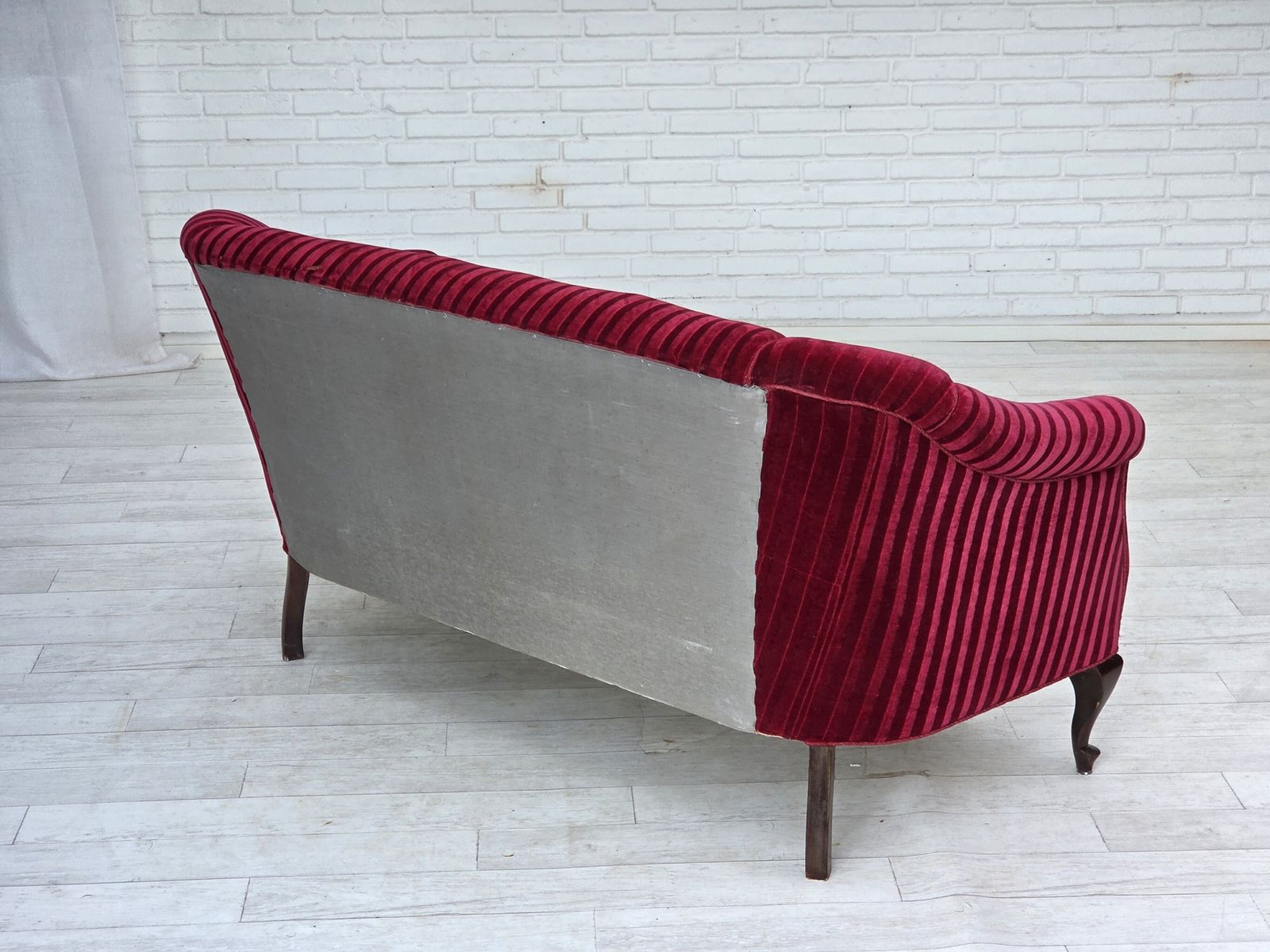 1950s, Danish 2 Seater Sofa, Red Furniture Velour, Ash Wood Legs. photo Furniture