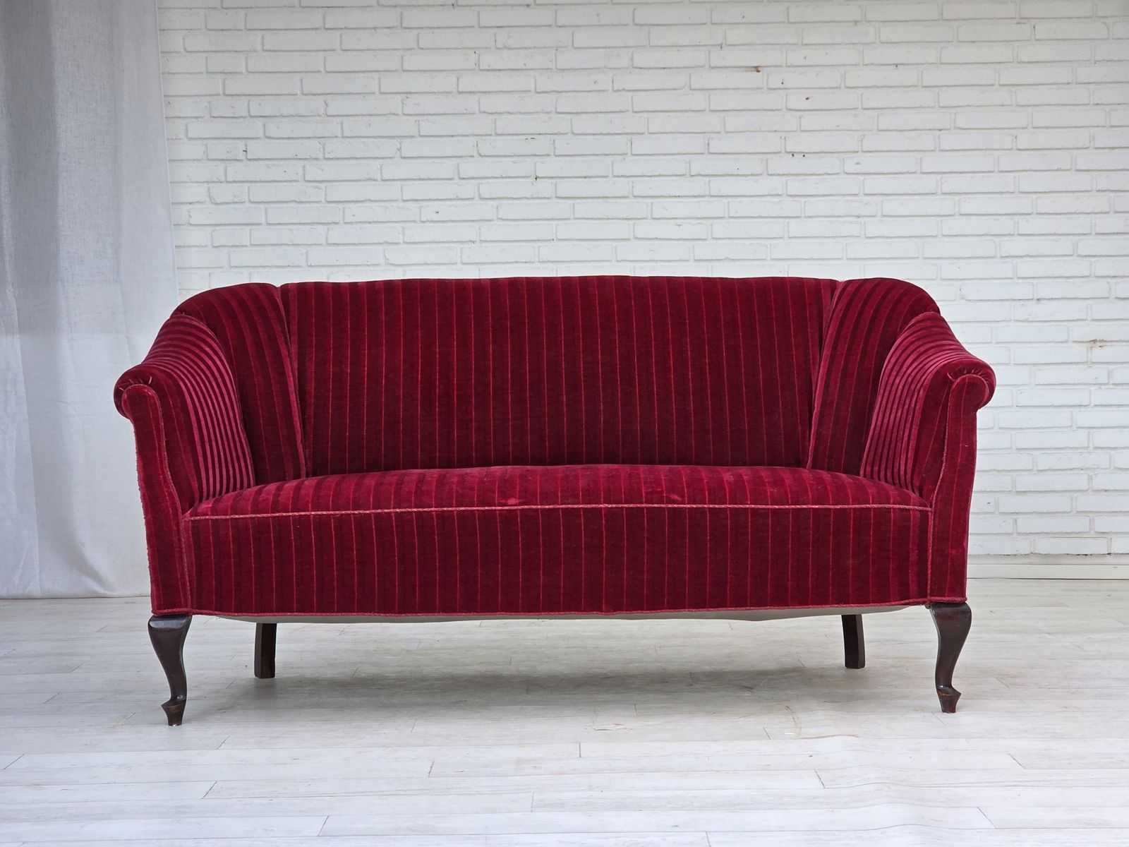 1650.0 1950s, Danish 2 Seater Sofa, Red Furniture Velour, Ash Wood Legs. photo