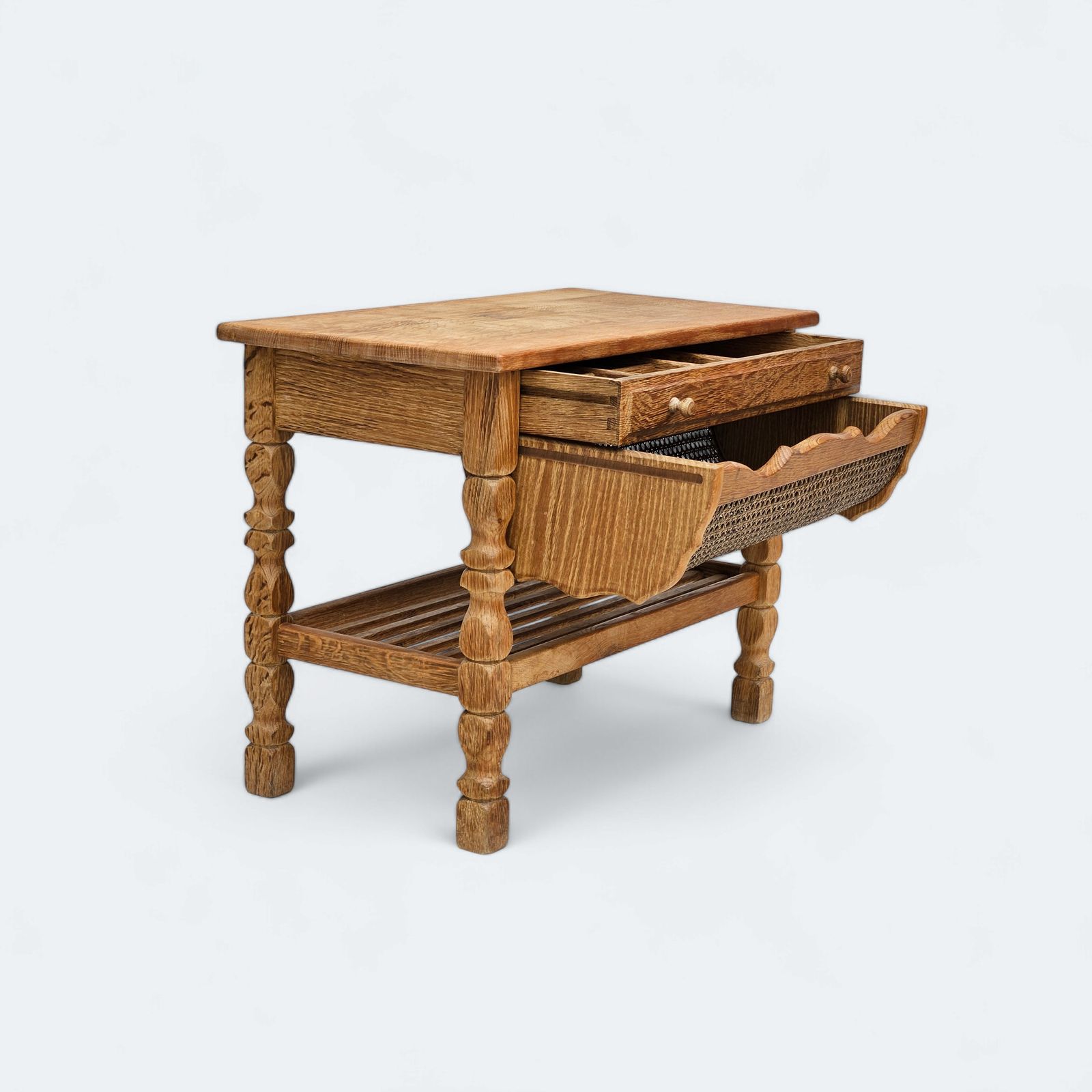 1970s, Scandinavian Sewing Table, Solid Oak Wood, Rattan.